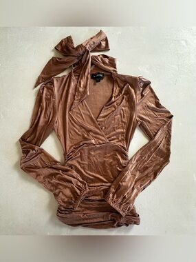 Authentic bebe Satin-Look Brown Wrap Top with Neck Tie